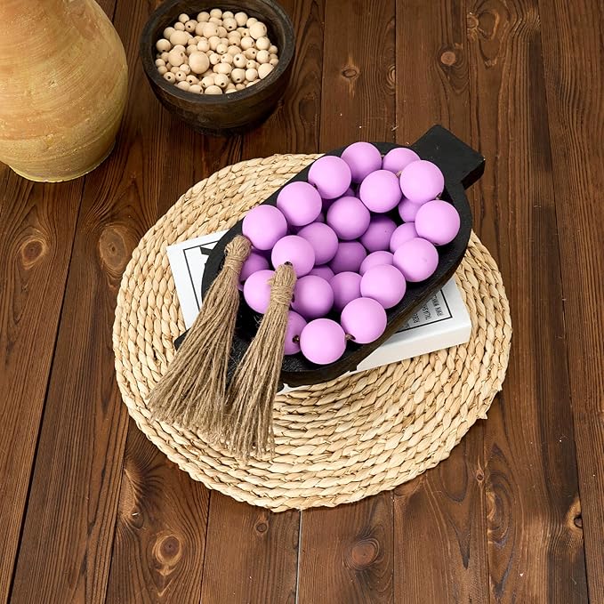 OMISHE 60" Long Large Wood Bead Garland with 1.6" Diameter Wooden Beads and Tassels, Rustic Farmhouse Country Wood Beads Garland for Home Tiered Tray Decor, Decorative Beads with Tassels Purple