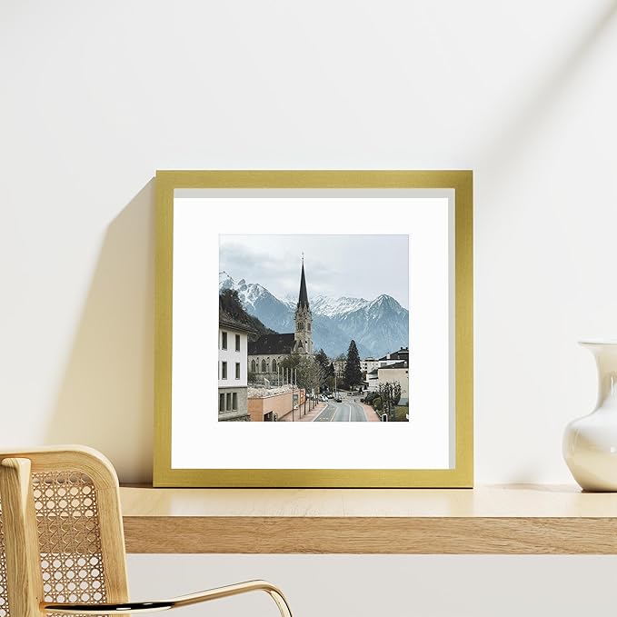 Vittanly 12x12 Picture Frames Set of 9, Shatter Resistant Plexiglass, Display 8x8 Pictures with Mat or 12x12 without Mat, Photo Frames for Wall Mount, Engineered Wood, Gold