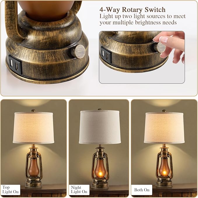 RORIANO 25" Set of 2 Rustic Lantern Table Lamps for Living Room Bedroom, 2 USB Ports Farmhouse Vintage Bedside Desk Lamp Nightlight for Entryway Office End Table, 4 Bulbs Included