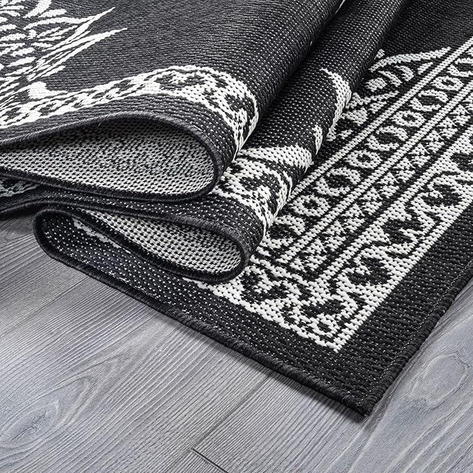 CAMILSON Outdoor Rug, 6x9 Medallion Black White Modern Area Rugs for Indoor and Outdoor Patios, Kitchen and Hallway Mats, Washable Porch Deck Outside Carpet (Medallion Black, 6 x 9)