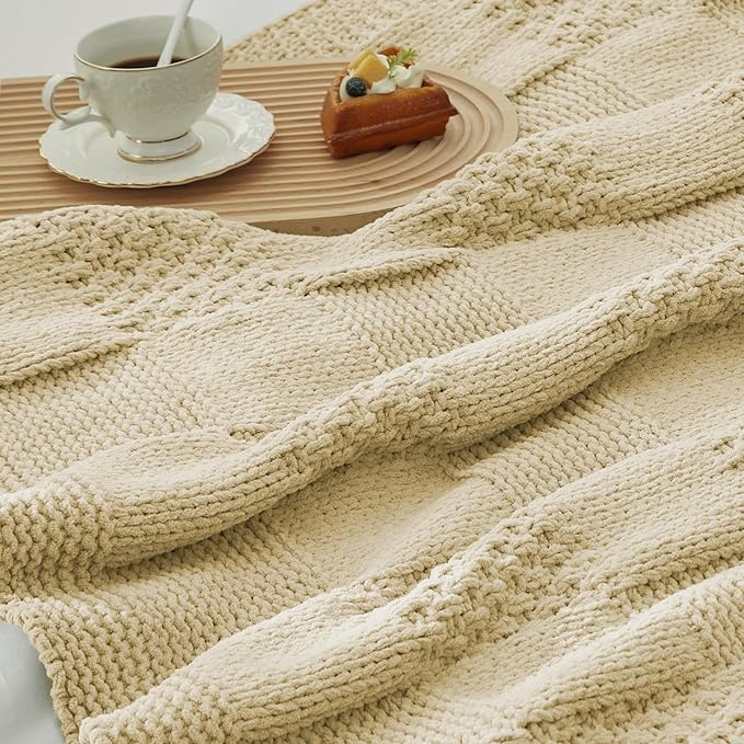 Amélie Home Chenille Knit Throw Blanket for Couch, Checkered Texture Decorative Soft Blanket for Sofa, Bed & Living Room, 50"x60", Beige
