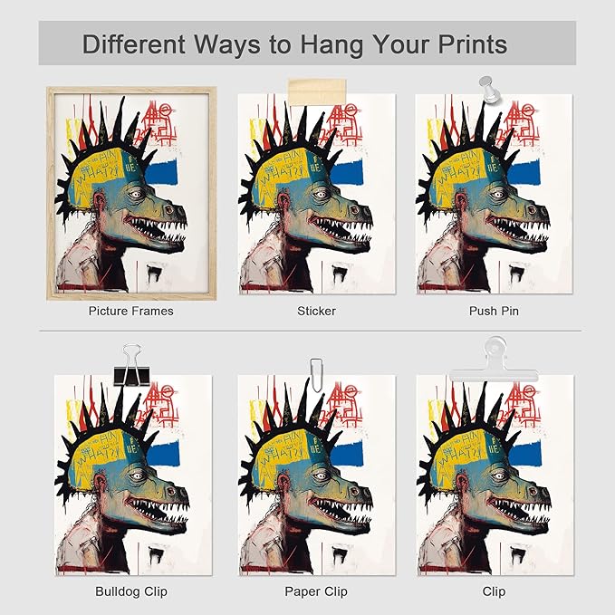 SIGNWIN Adhesive Canvas Poster Vintage Retro Antique Basquiat Dinosaur Print Digital Art Modern Art Decorative Elements Multicolor Contemporary for Living Room, Bedroom, Office - 12"x16"x4