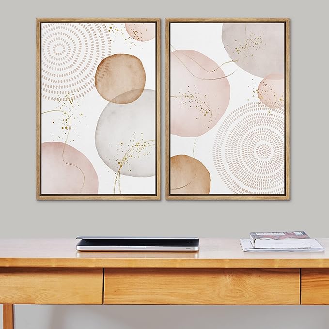 SIGNFORD Framed Wall Art Print Set Pastel Pink Gray Watercolor Circles Abstract Shapes Illustrations Modern Minimalist Relax/Calm Multicolor for Living Room, Bedroom, Office - 24"x36"x2 Natural