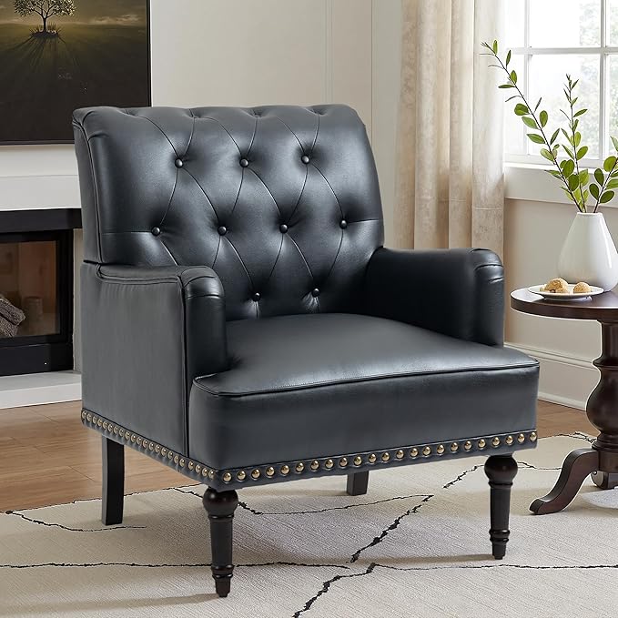 UIXE PU Leather Accent Chairs Set of 2, Modern Upholstered Armchair for Living Room, Comfy Arm Chair Single Sofa Reading Seat with Wooden Legs for Office Home Bedroom - Black