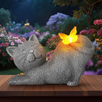 Cute Solar Cat Garden Statue with Lighted Butterfly, Outdoor Waterproof Resin Cat Figurine for Yard Lawn Patio Porch, Solar Powered Garden Decor and Gift for Cats Lovers
