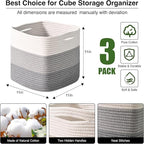 11 Inch Cube Storage Bins, Storage Cube Organizer Bins, Woven Cotton Rope Basket for Storage, Storage Baskets for Organizing Shelves, Grey Baskets for Toys, Gradient Grey (Pack of 3)