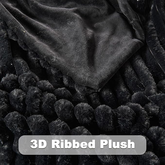 NEWCOSPLAY Faux Fur Throw Blanket Black 3D Ribbed Plush Thick Warm Blanket for Couch Sofa Bed 850GSM (Black Ribbed, Throw(50"x60"))