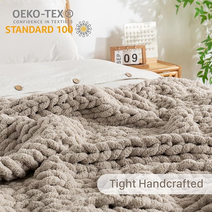 Chunky Knit Blanket Throw, 100% Hand Knit Throw Blanket Handmade Chenille Cable Knit Throw for Couch, Stylish Cozy Soft Rope Knot Crochet Blanket for Home Decor, Beige Linen, 50x60 Inches