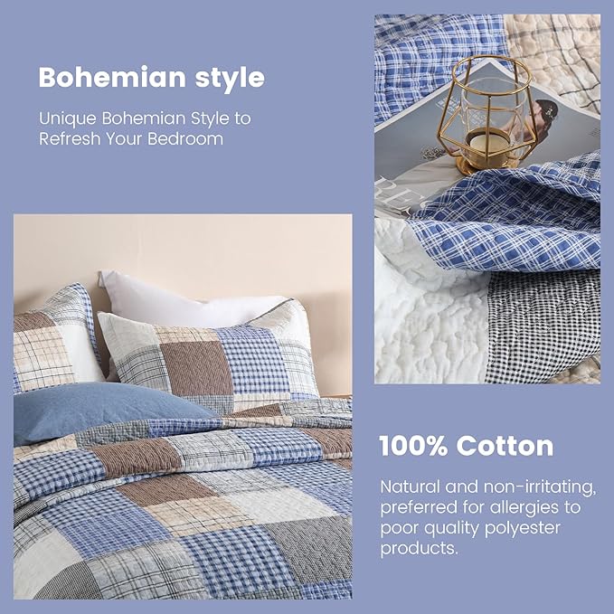 Secgo King Size Comforter Set- 100% Cotton Quilt King Size Set, Bule, Plaid bedspreads (96 * 108 Inch) with 2 Pillow Shams, Patchwork Reversible Lightweight Bedding