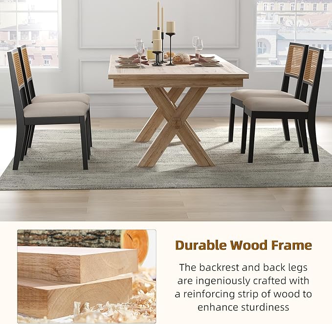 Westice Rattan Dining Chairs Set of 2, Farmhouse Natural Dining Room Chairs with Upholstered Cushion, Wood Armless Chairs for Kitchen/Restaurant, Black