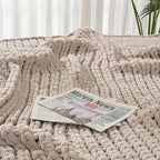 Esterra Chunky Knit Blanket Throw 60"x80", 100% Hand Knitted Chenille Throw Blanket, Cozy Soft Thick Cable Knit Throw Large Rope Knot Crochet Throw Blanket for Sofa Couch Bed, Linen Beige