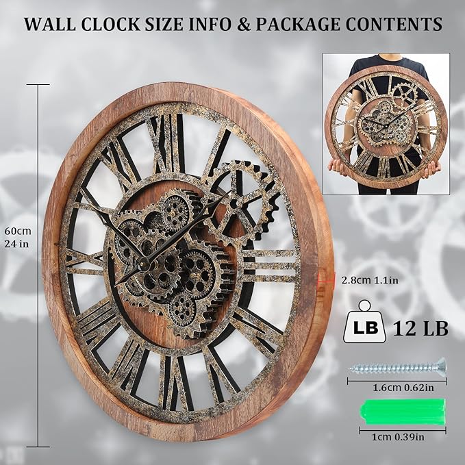 HOIBAI Large Wall Clock 24 Inch Large Clocks for Living Room Decor with Moving Gears Vintage Industrial Steampunk Farmhouse Big Clock for Home Kitchen Bedroom Office