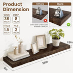 Floating Shelves, 8" Deep Rustic Solid Wood Wall Mounted Floating Shelves, Wall Shelves with Invisible Bracket for Living Room Bathroom Bedroom Kitchen, 36 Inch Set of 2, Walnut