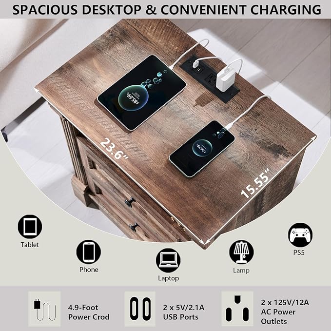 26" Tall Nightstand with Charging Station, Farmhouse 23.6" Wide Large End Table w/Roman Column, Wood Rustic Side Table w/Open Shelf, 2 Drawers Dresser for Bedroom, Living Room, Light Brown