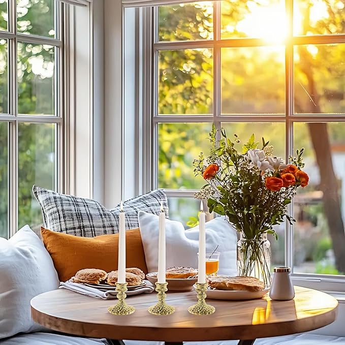 Glass Candlestick Holder,Striped Taper Candle Holders,Set of 6 Candle Stand for Table Centerpieces, Home Decor,Weddings,Festival and Parties (Gold Diamond)