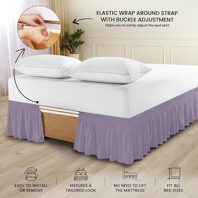 Utopia Bedding Queen Elastic Bed Ruffle - Easy Wrap Around Ruffle - Microfiber Bed Skirt with Adjustable Elastic Belt 16 Inch Tailored Drop - Hotel Quality Bedskirt, Fade Resistant (Queen, Lavender)