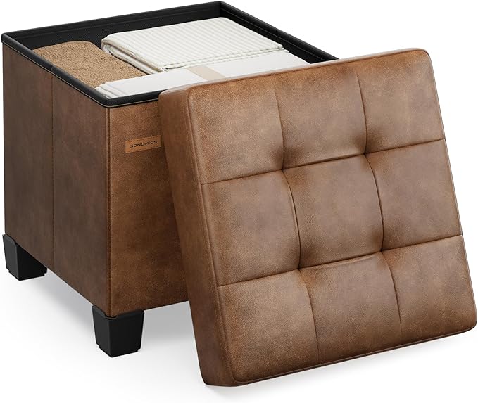 SONGMICS Storage Ottoman, Cube Ottoman with Legs, 15 x 15 x 15.7 Inches, Footstool, Footrest, 10 Gal. (37 L), Synthetic Leather, for Bedroom, Living Room, Dorm, Coffee Brown ULSF0512K03