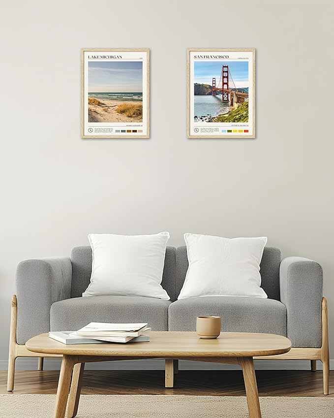 HesenDot Natural OAK Wood Lake Michigan Framed Wall Art,12x16in Natural Scenery Canvas Wall Print,Classic Urban City Landmark Wall Decor for Living Room,Bedroom,Office Gallery Gifts Set of 1