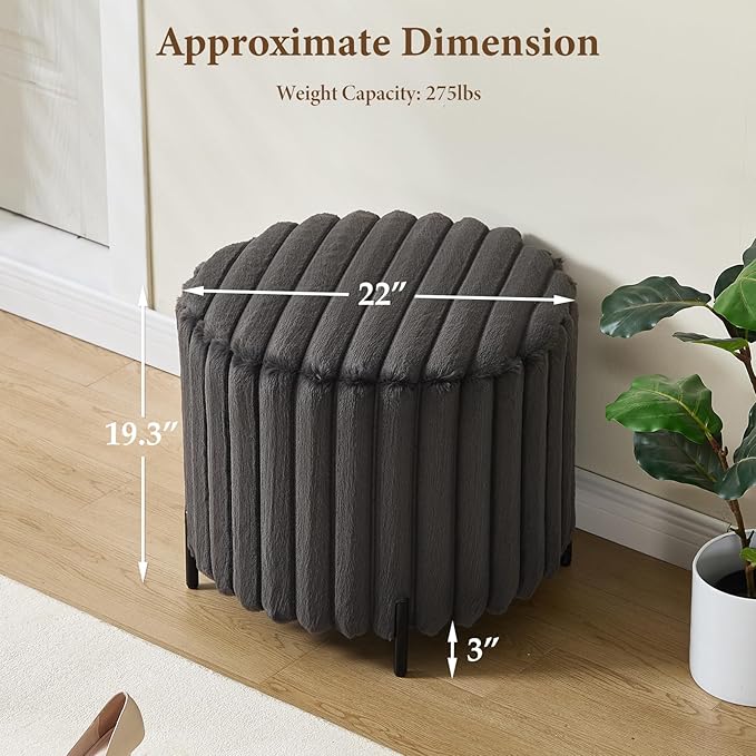 Furniliving Modern Round Ottoman, Large Size Bedroom Ottoman Footstool Round Ottomans Stool for Living Room, Bedroom, Makeup Room, Black, Faux Fur