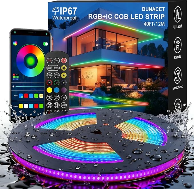 40ft COB RGB+IC LED Strip Lights, Bright Dream Color COB LED Light Strip with RF Remote App Control Music Sync Color Changing for Garden Outdoor Home Decor Pool Patio Party DIY Decoration-1 Roll