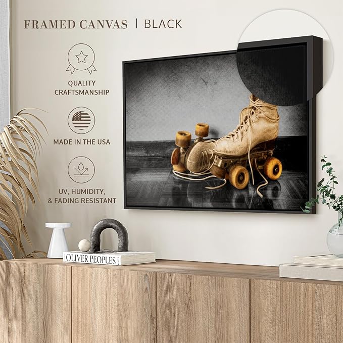 ElephantStock Vintage Skates Pop Wall Art - Horizontal Framed Canvas - 1-Piece Living Room Wall Decor - Sport Photography Canvas Print - Beige and Black Decor for Wall - 37" X 25"