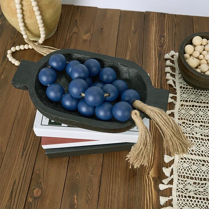 OMISHE Extra Large Wood Bead Garland in Navy Blue with 1.6" Diameter Wooden Beads and Tassels, 41" Long Rustic Farmhouse Country Decorative Beads for Home Wooden Decor, Navy Blue