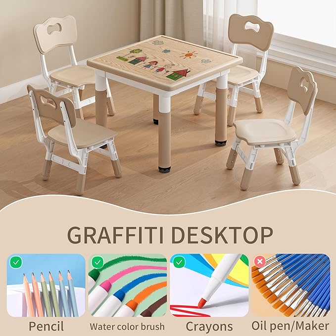 Kids Table and Chairs, Height Adjustable Childrens Table and Chair Set, Kids Tables for Age 2-8, Graffiti Desktop, Table for Kids with 2 Seats, Small Kids Table, Max 300lbs