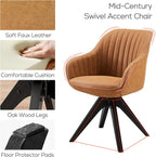 Art Leon Office Chair No Wheels, Mid Century Modern Desk Chair, Swivel Accent Chair with Oak Wood Legs, Faux Leather Upholstered Armchair for Desk, Brown