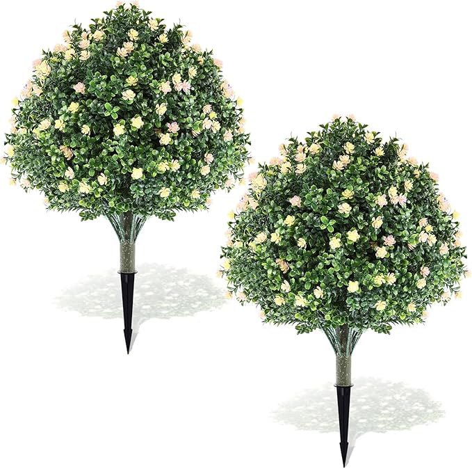 Yunlly Set of 2 Artificial Boxwood Topiary Ball Tree Fake Bushes Shrubs Outdoor Faux Plant with Ground Spike Flowers UV Resistance Greenery for Front Porch Garden Patio Indoor(Light Yellow,27x18inch)