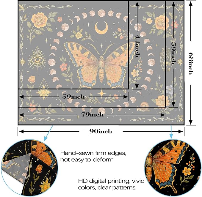 Lunerfex Moon Phase Butterfly Floral Wall Tapestry, Celestial Botanical Tapestries for Room Decor, Mystical Tapestry 60x44 Inch