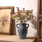 Sunddo Black Vases Home Decor, Rustic Farmhouse Ceramic Vase with 2 Handles, Vintage Stone Pottery Decorative, Living Room, Shelf Enterway, Wedding, Table Decor