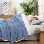 Snuggle Sac Blue Waffle Bedding Blankets Queen Size 90x90 inches, Reversible Microfiber Fluffy Fuzzy Soft Throw Cozy Knit Blanket for Women Mothers Birthday Gifts