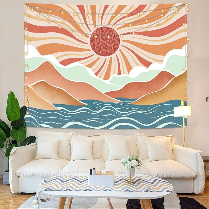 Lunerfex Boho Sun Tapestry Sunset Wall Tapestry, Mountain Tapestries for Bedroom 80s Tapestries Wall Hanging for Bedroom Living Room Decor Boho-2 60"x80"