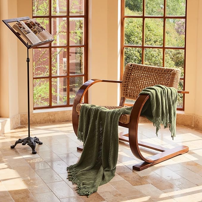 lifein Throw Blanket for Couch, Soft Green Boho Decor Bed Throw,Cozy Knitted Chenille Farmhouse Lightweight Throw for Spring(Olive Green,50 * 60")