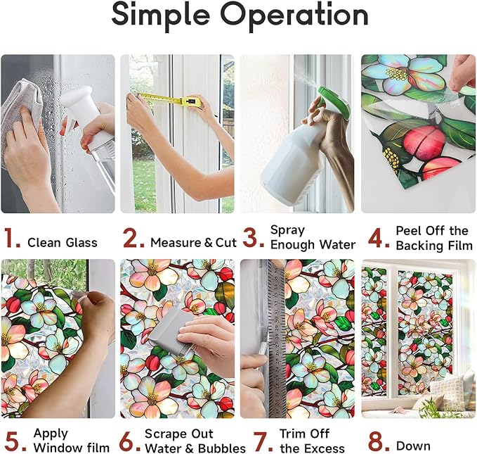 Window Film, Decorative Colorful Flower Stained Static Glass Window Clings Stickers for Home Office Living Room Bedroom Glass Windows Door Decor 16.93 x 39.37 Inches