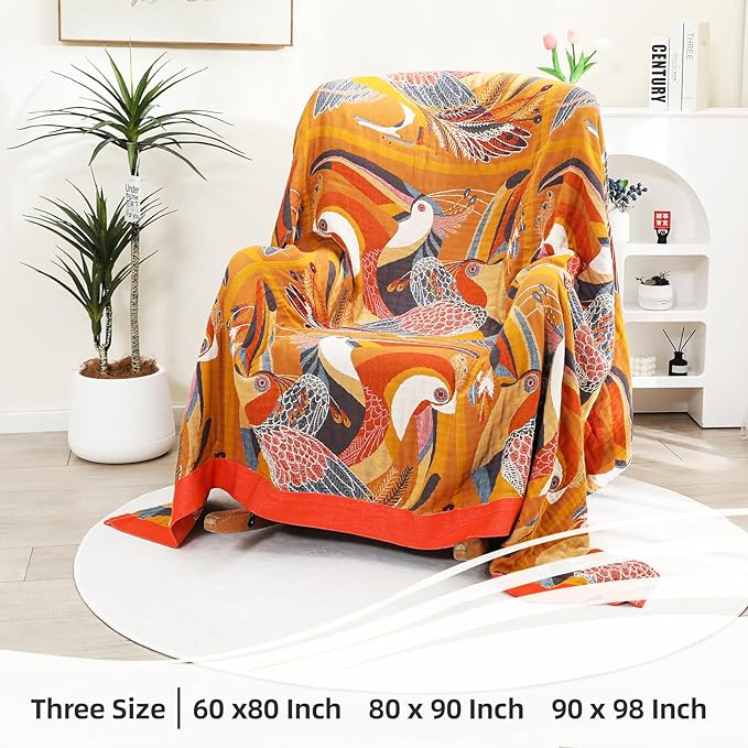 Boho Large Throw Blanket, 100% Organic Cotton Breathable Soft Bed Throw - Floral Bird Farmhouse Decor Blanket for Sofa Couch Chair Quilt and Gift. 60" x 80"- Colorful