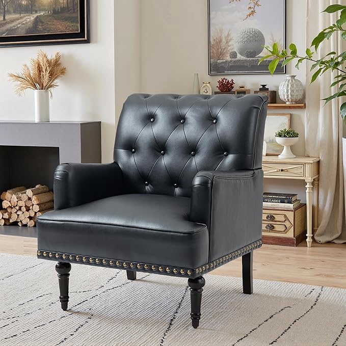 UIXE PU Leather Accent Chair, Modern Upholstered Armchair for Living Room, Comfy Arm Chair Single Sofa Reading Seat with Wooden Legs for Office Home Bedroom - Black
