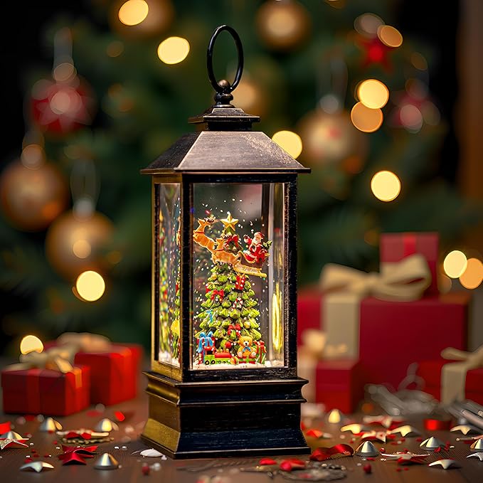 10'' Musical Snow Globe Lantern Lighted Christmas Tree and Flying Santa Water Lantern Swirling Glittering Home Decoration and Gift, Battery Operated or USB Powered