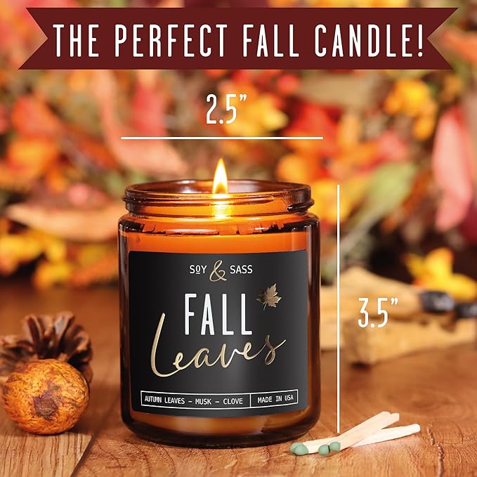 Fall Candles - 'Fall Leaves' Fall Candle w/Autumn Leaves, Clove & Musk I Infused with Essential Oils I Autumn Scented Candles I Cozy Cute Autmn Décor Gifts I 9oz Jar I 50Hr Burn I Made in USA