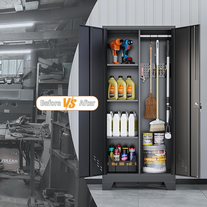 61" H Metal Storage Cabinet, Utility Cabinets with Locking Doors, Laundry Cabinet with Hanging Rod, Garage Tool Storage Cabinets for Home Office, Garage, Bathroom (Black)