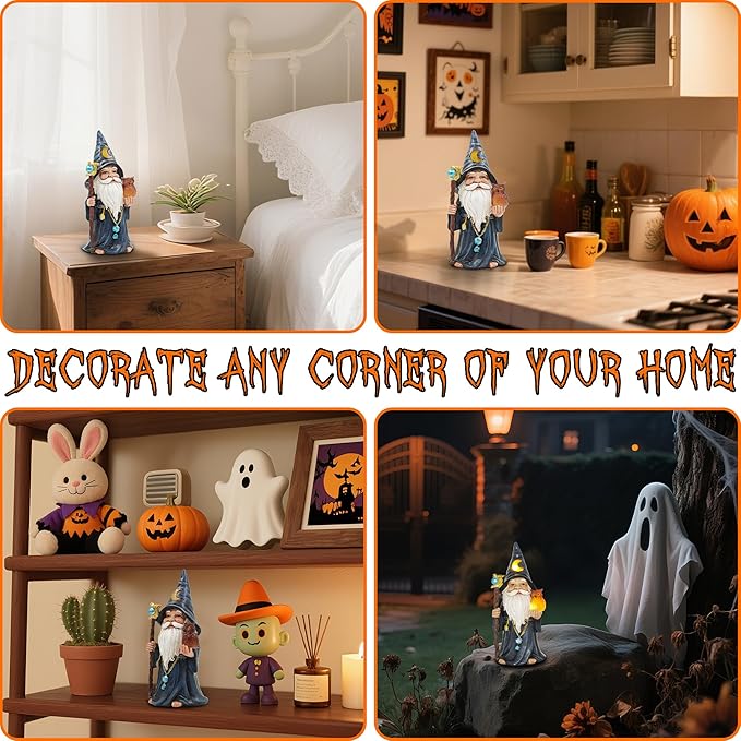 Halloween Solar Gnomes Decoration: 8.7'' Funny Merlin Statue with Owl & Magic Wand for Home Office Party Perfect Collectible Figurines Gift for Womens