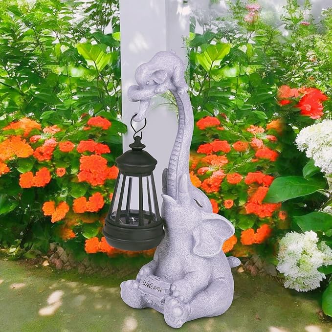Solar Garden Statues Outdoor Decor- Yard Decorations for Patio, Balcony, Backyard, Lawn Ornaments - Elephants Figurines with LED Light- Unique Birthday House Warming Gifts for Women, Mom, Grandma