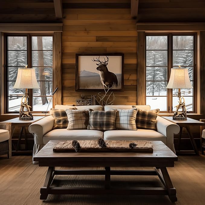 27.25'' Rustic Antler Table Lamp for Bedroom Nightstand Lamps with USB A + C Charging Ports Western Cabin Lamps for Living Room Home Office, Linen Lampshade, Single, Bulb Not Included