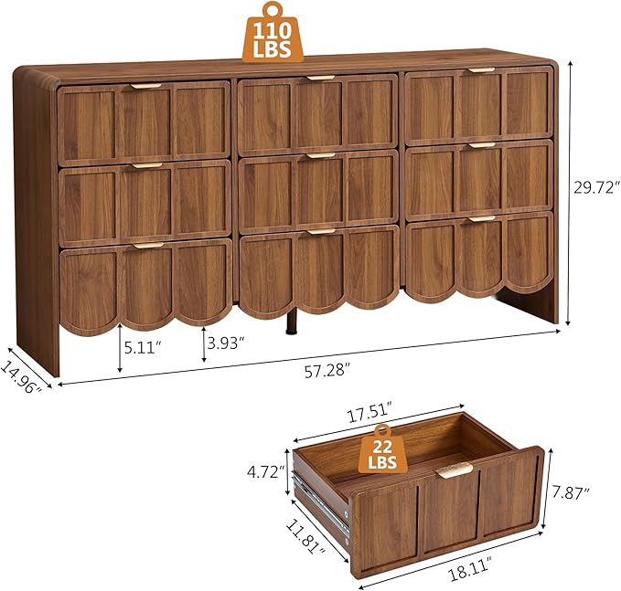 9 Drawer Dresser for Bedroom, Modern Closet Chest of Drawers with Wave Fluted Drawer, Wood Storage Small Dresser Organizer for Nursery Bedroom Living Room Hallway Closet (Walnut)