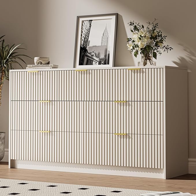 Beige 7 Drawer Dresser for Bedroom, Modern Fluted Dresser with Gold Metal Handles, Wide Chest of Drawers for Bedroom,Living Room, Entryway, Hallway, 55.9" L x 15.7" D x 31.4" H