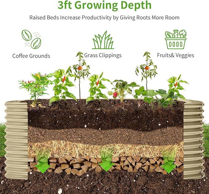 Land Guard 8x4x3ft Oval Galvanized Raised Garden Beds, Large-Capacity Metal Planter Box Outdoor, Durable Deep Raised Garden Bed 3ft Tall, Raised Beds for Gardening Vegetables, Cream Yellow