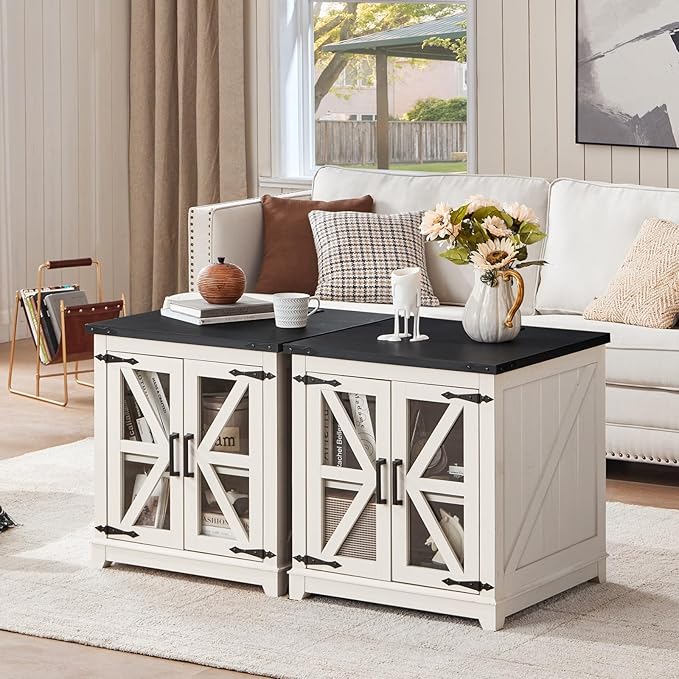 Farmhouse End Table with Charging Station Set 2, 24" Large Sofa Side Table with Glass Barn Door,White Nightstand with Adjustable Storage Shelf,Wood Square Bedside Table for Living Room,Bedroom