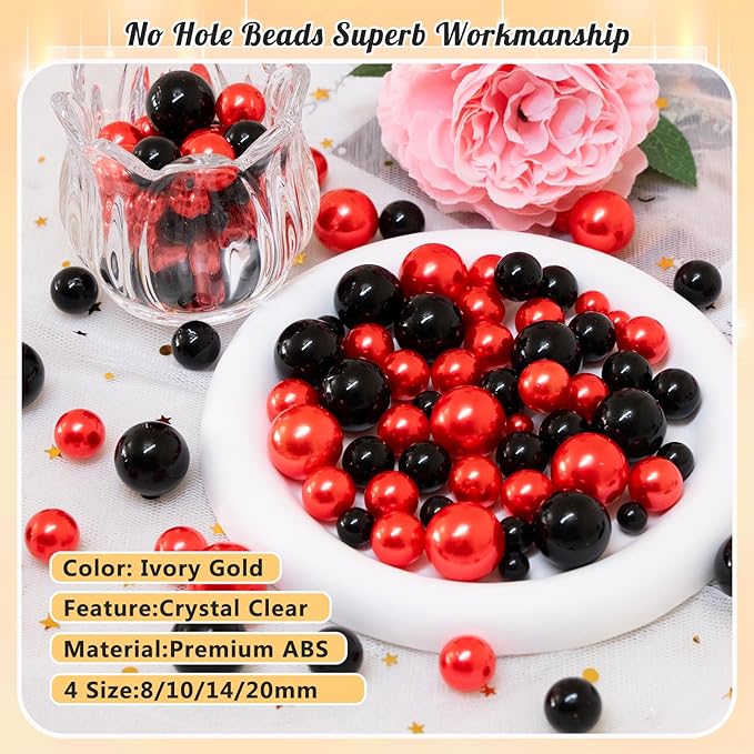300Pcs Pearl Vase Filler, Red Black No Hole Faux Pearl Beads for Centerpieces Vases, Candle Centerpieces, Wedding Birthday Party Home Decor 8/10/14/20mm