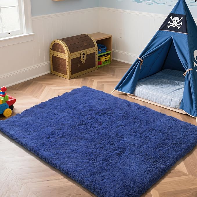 Blue Fluffy Rug Shaggy Area Rug, 4x6 Area Rugs for Girls Bedroom, Soft Cute Baby Play Mat, Indoor Floor Carpet for Teen, Nursery, Preppy Dorm, Plush Aesthetic Bedside Rug