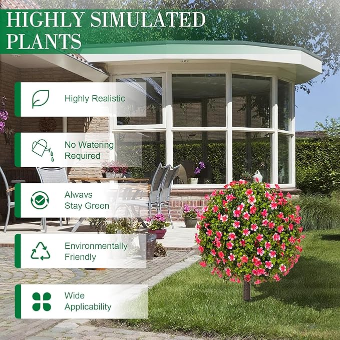 25" Artificial Boxwood Topiary Ball Trees with Rose Pink Flowers, Set of 2 UV Resistant No Fade Outdoor Faux Plants with Ground Spike, Fake Shrubs for Garden, Patio, Porch, Yard, Indoor Decor